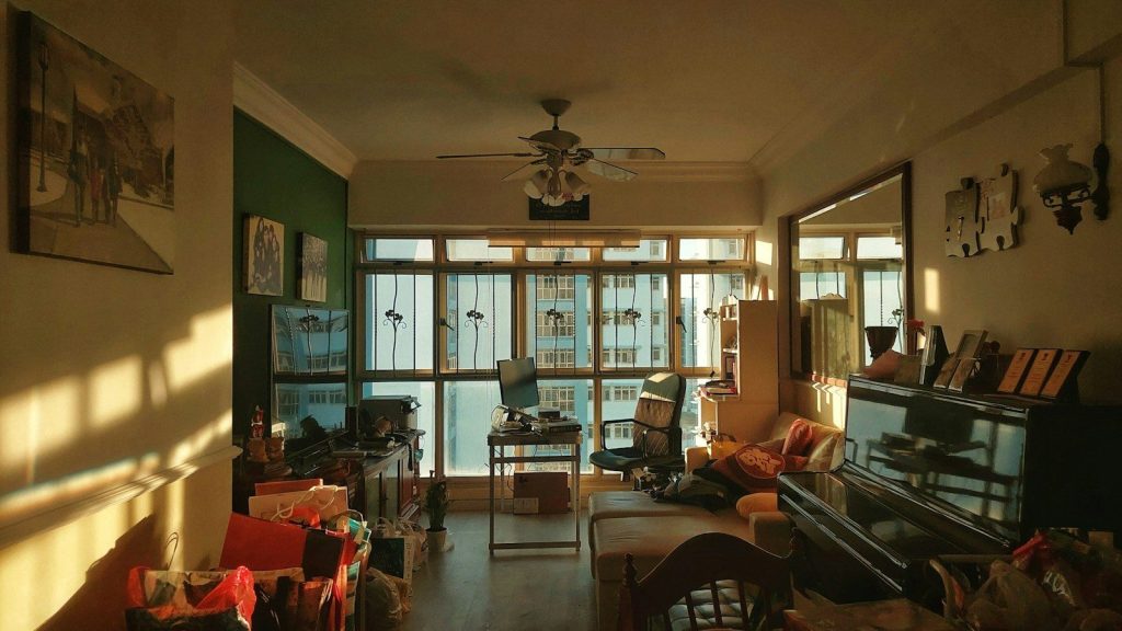 a living room with a large window